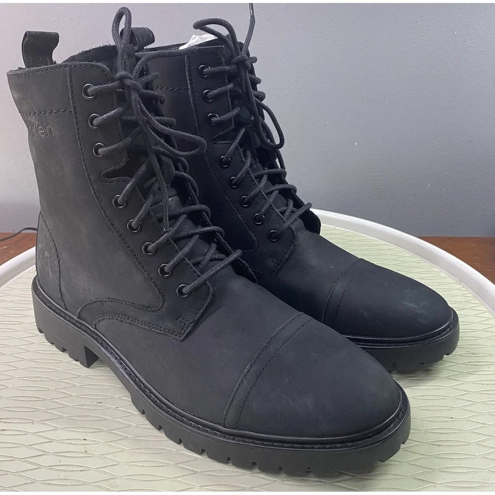 Calvin Klein Men Lorenzo Leather Lace Up Black Ankle Combat Boots Black Biker 8M